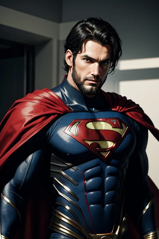 Superman, 40s year old, beard, all details black and red suit, big S symbol on the chest, red cover, strain of hair covering forehead, short cut hair, neat hair, tall, manly, hunk body, muscular, straight face, black hair, best quality, high resolution:1.2, masterpiece, raw photo, dark background, detailed suit, detailed face, upper body shot