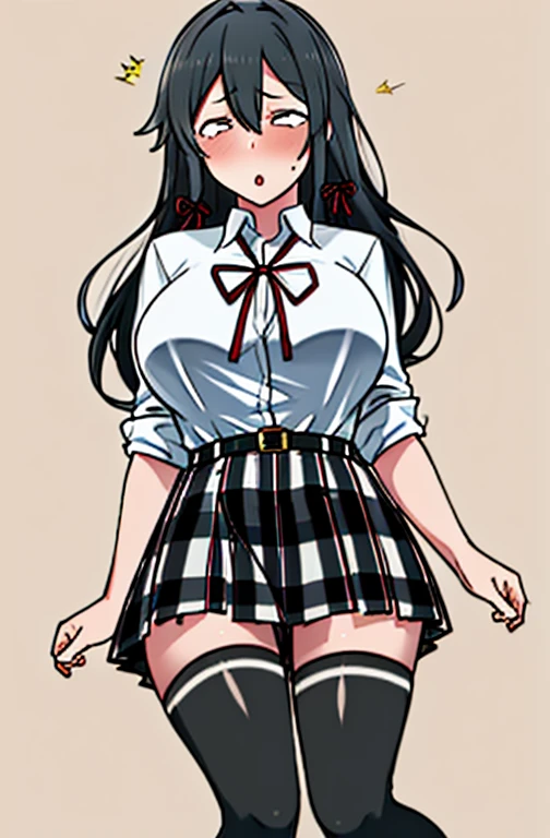 1 girl as yukino yukinoshita, absurdres,  highres, solo, school uniform, big breasts, waist long black hair, (twintails:0.5), miniskirt, black thighhigh socks, loose red ribbon, unbuttoned white shirt, ahegao, (rolling eyes:1.5)