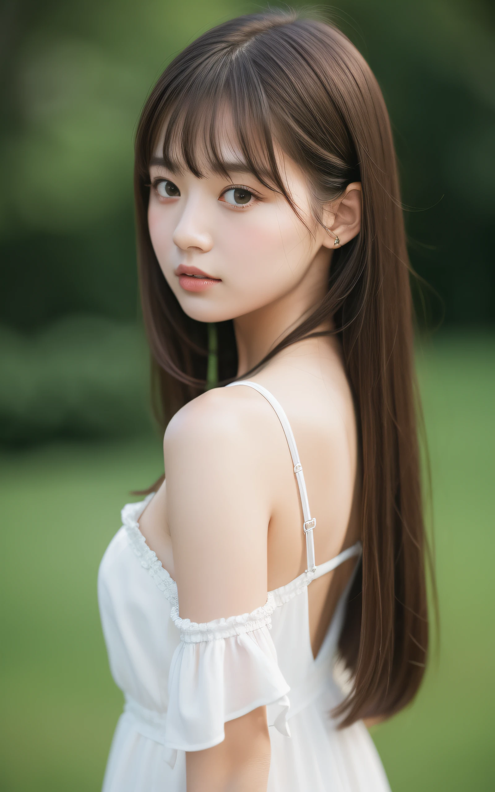 masutepiece, Best Quality, 8K, 1 girl, 20 yo, Full body, Solo, Cute, Girly, Delicate girl, Neat and clean beauty, Raw photo, Professional Photography, Portrait, Soft light, Professional Lighting, Back lighting, look forward to your eyes, Sophisticated, Film grain, (Eyes and faces with detailed:1.0), medium length floating hair, Beautiful flowing hair, Bangs,