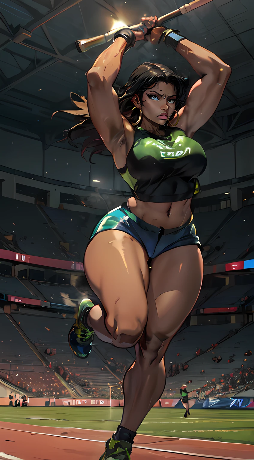 masterpiece, 1girl, full body

dark skin woman with a huge ass, she very tall, (wearing a tight track bra and shorts), (angry expression), athletic girl, on the field throwing shot-put, (((oily and shiny skin))), beautiful, feminine and muscular, (curvy), highres, vibrant colors, dynamic action pose, powerful expression, striking lighting, intense energy