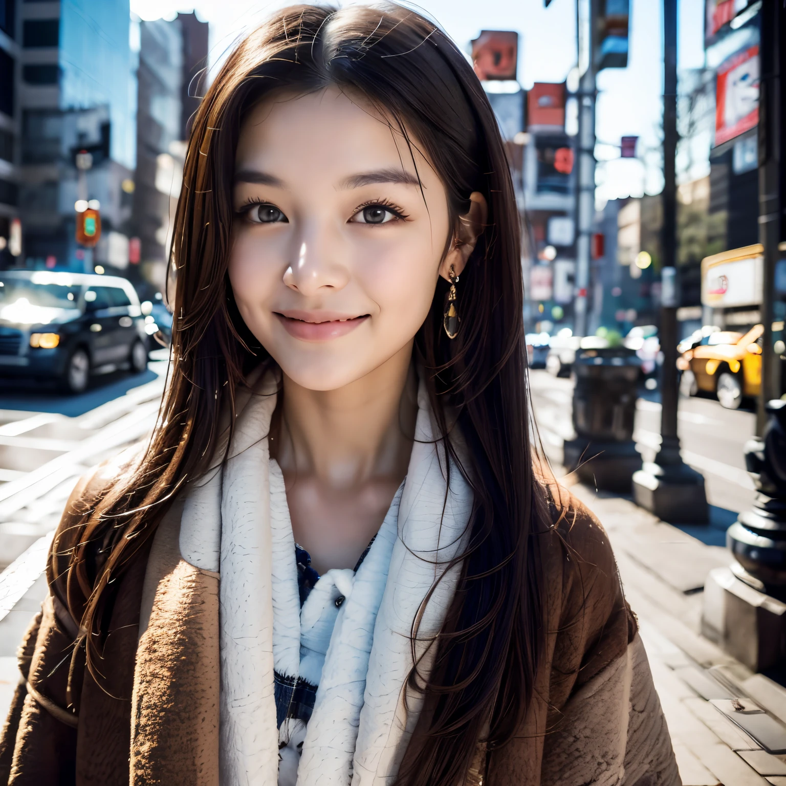 Photorealsitic, 8k full-length portraits, Beautuful Women, A charming expression, sixteen years old, TOKYOcty, Winters, Shibuya in the background