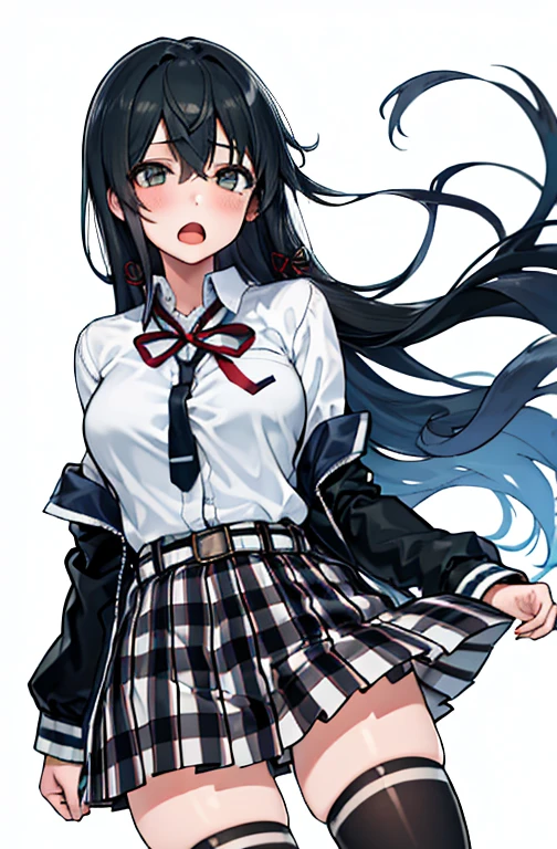 1 girl as yukino yukinoshita, absurdres,  highres, solo, school uniform, big breasts, waist long black hair, (twintails:0.5), miniskirt, black thighhigh socks, loose red ribbon, unbuttoned white shirt, ahegao