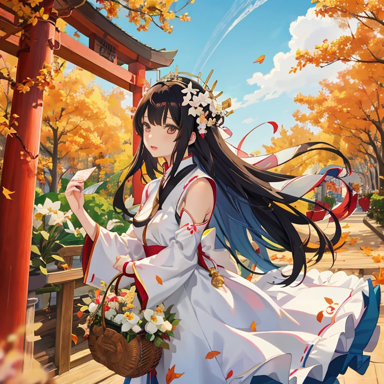 Anime girl with long hair and white dress holding a basket of flowers, palatial palace ， a girl in hanfu, the goddess of autumn harvest, The wind blows the leaves, Goddess of Autumn, Anime art wallpaper 8k, Empress of autumn, Anime visuals of cute girls, Beautiful anime girl, beautiful anime artwork, Cute anime waifu in a nice dress, Anime Girl with Long Hair