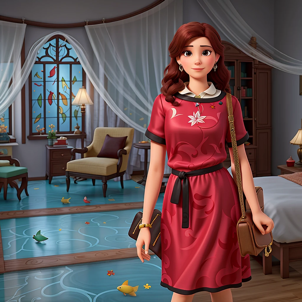 there  a woman in a red dress with dark hair and brown eyes standing in a room with a bed and a stained glass windows, the floor  made of glass and fishes can be seen through it, stylized  fantasy artwork, inspired by Lilia Alvarado, fashion gameplay screenshot, inspired by Claire Falkenstein, inspired by Niyazi Selimoglu, inspired by Isabel Naftel, inspired by Adélaïde Victoire Hall, inspired by Sydney Prior Hall, find the hidden object