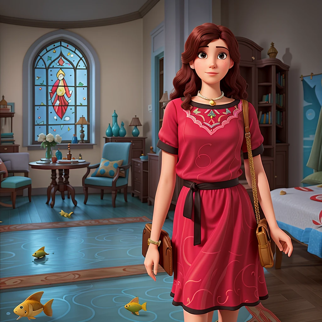 there  a woman in a red dress with dark hair and brown eyes standing in a room with a bed and a stained glass windows, the floor  made of glass and fishes can be seen through it, stylized  fantasy artwork, inspired by Lilia Alvarado, fashion gameplay screenshot, inspired by Claire Falkenstein, inspired by Niyazi Selimoglu, inspired by Isabel Naftel, inspired by Adélaïde Victoire Hall, inspired by Sydney Prior Hall, find the hidden object