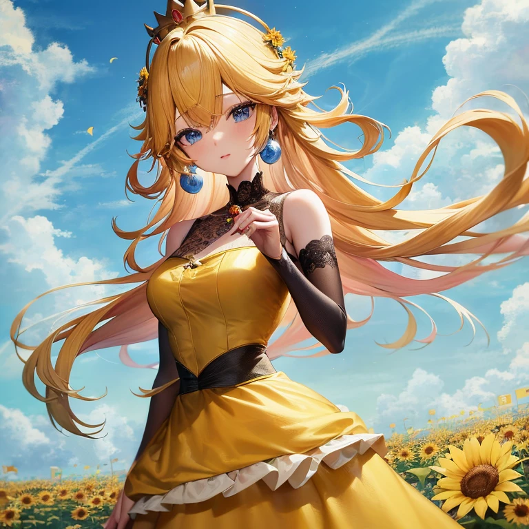 Anime girl in a yellow dress with flowers in her hair, Beautiful sunflower anime girl, anime style 4 k, blonde anime girl with long hair, Beautiful anime girl, anime goddess, Cute anime waifu in a nice dress, Trending on ArtStation pixiv, Anime art wallpaper 8k, High quality anime art style, high definition anime art, 4k anime wallpaper, Beautiful anime