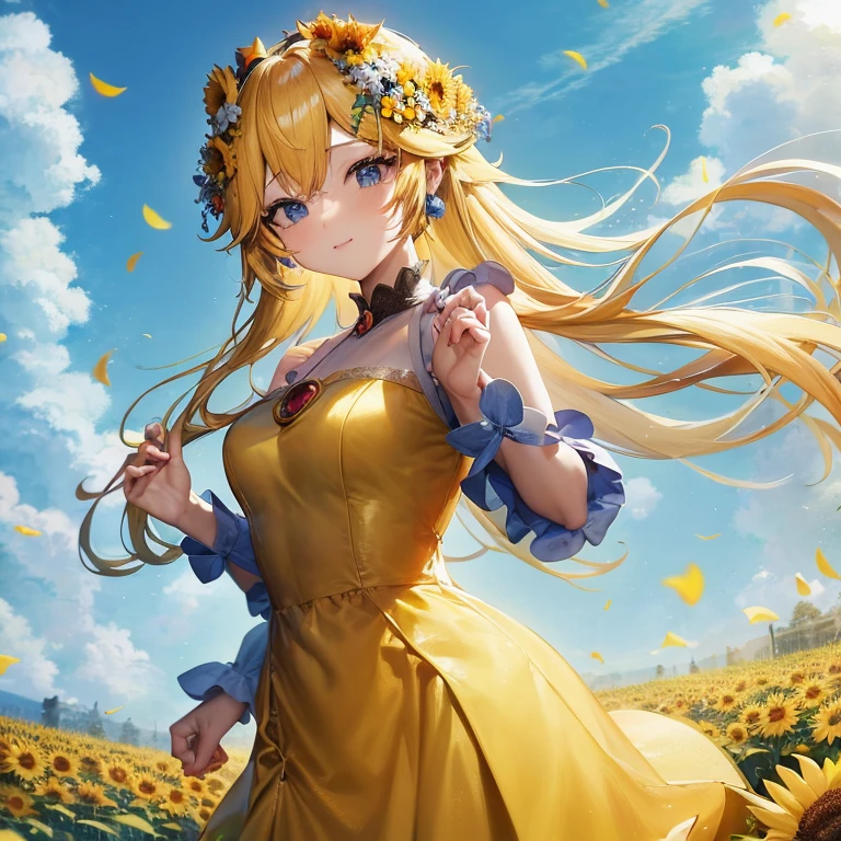 Anime girl in a yellow dress with flowers in her hair, Beautiful sunflower anime girl, anime style 4 k, blonde anime girl with long hair, Beautiful anime girl, anime goddess, Cute anime waifu in a nice dress, Trending on ArtStation pixiv, Anime art wallpaper 8k, High quality anime art style, high definition anime art, 4k anime wallpaper, Beautiful anime