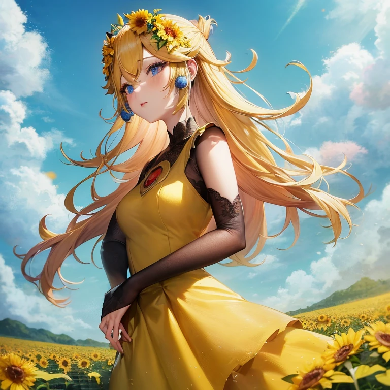 Anime girl in a yellow dress with flowers in her hair, Beautiful sunflower anime girl, anime style 4 k, blonde anime girl with long hair, Beautiful anime girl, anime goddess, Cute anime waifu in a nice dress, Trending on ArtStation pixiv, Anime art wallpaper 8k, High quality anime art style, high definition anime art, 4k anime wallpaper, Beautiful anime