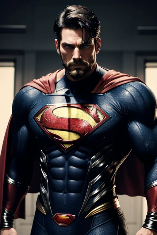 Superman, 40s year old, beard, all details black and red suit, big S symbol on the chest, red cover, strain of hair covering forehead, short cut hair, neat hair, tall, manly, hunk body, muscular, straight face, black hair, best quality, high resolution:1.2, masterpiece, raw photo, dark background, detailed suit, detailed face, upper body shot