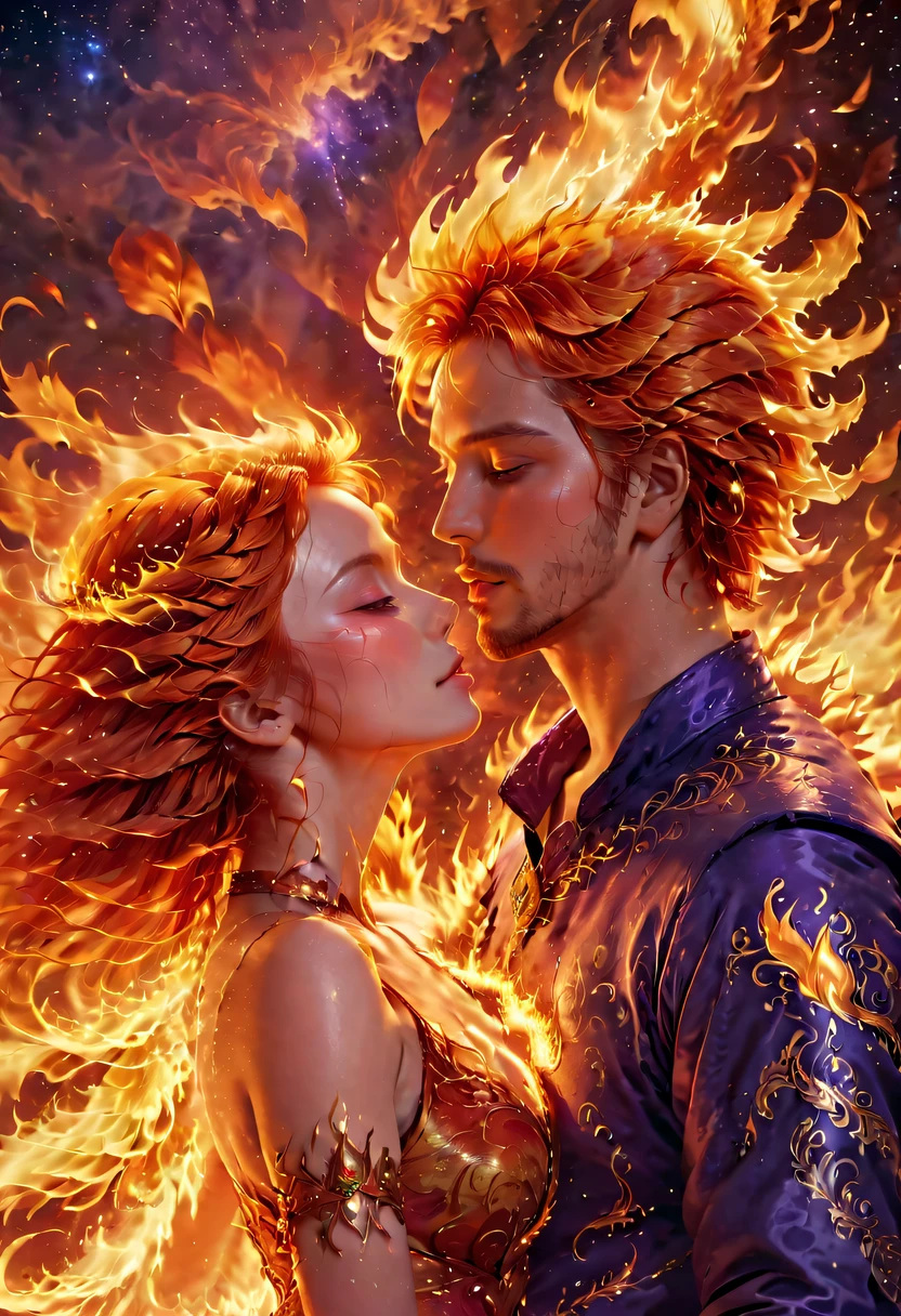 tmasterpiece, Best quality, Detailed pubic hair, A high resolution, (火焰/火焰/Loim,dynamic scene:1.3),Romantic couple kissing in fire,firestorm, catching fire, strange fantasy images, great skin texture,Magic Array, Cast spells, Fantastical, Purple power, strength, Fiery, meteors,