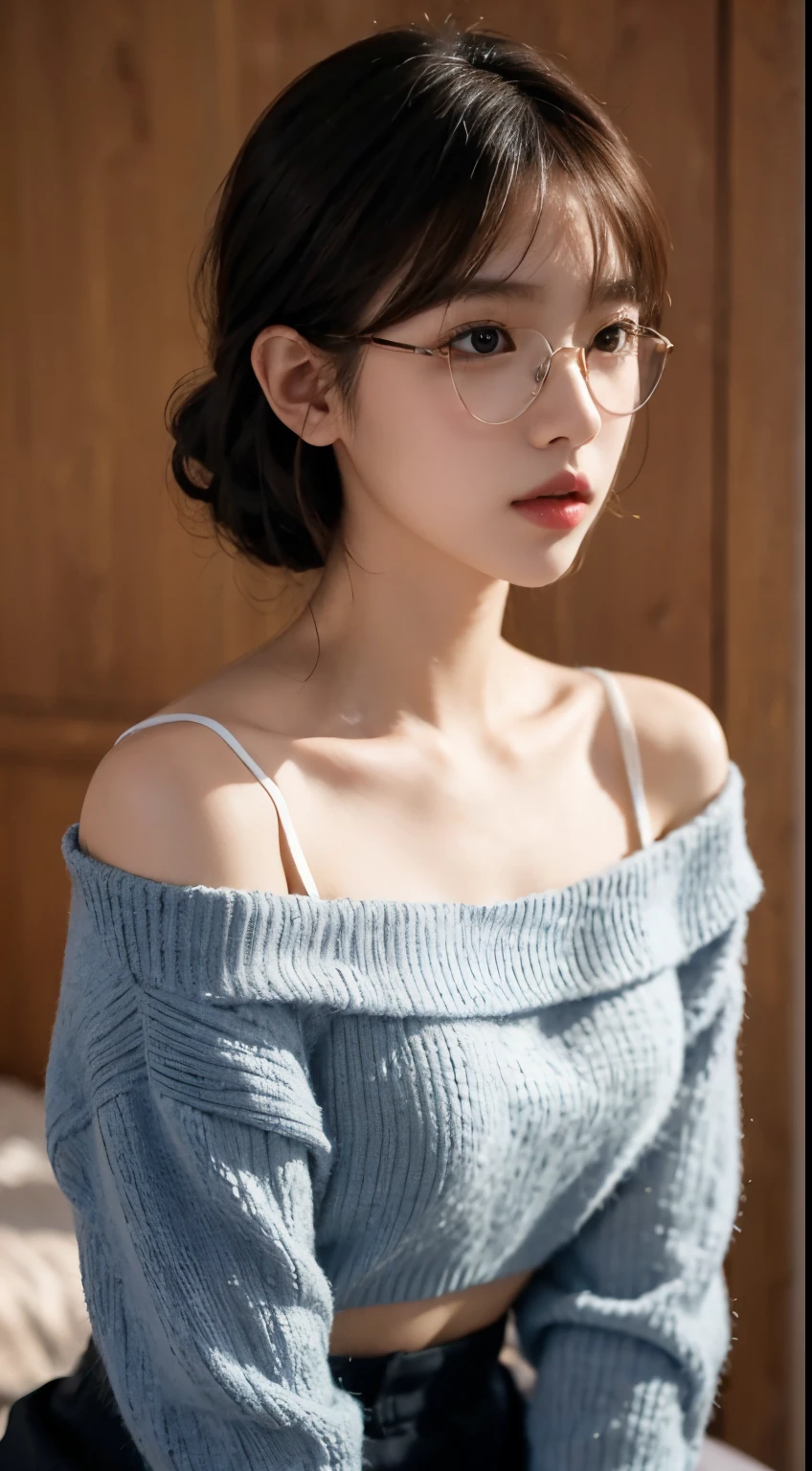 1girl, korean kpop idol and model ,23 years old,soft body, fair skin, liuhai hairstyle, spectacles ,close-up, 8k, RAW photo, best quality, masterpiece,realistic, photo-realistic,cute, cropped shoulder sweater , High image quality
