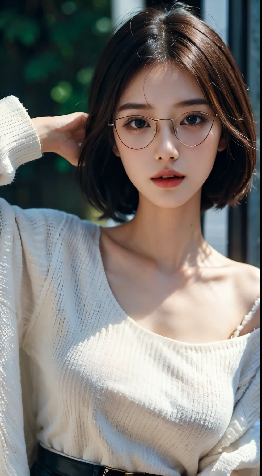 1girl, slim and slender korean kpop idol / model ,23 years old,soft body, fair skin,ponytail hairstyle, brown hair , close-up, 8k, RAW photo, best quality, masterpiece,realistic, photo-realistic,cute, black elegant lace up dress , earrings, artistic , High image quality, full body, metal choker , metal garter, photo taken from the back