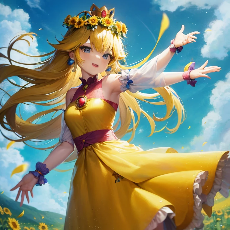 Anime girl in a yellow dress with flowers in her hair, Beautiful sunflower anime girl, Cute anime waifu in a nice dress, blonde anime girl with long hair, High quality anime art style, anime style 4 k, Yellow glowing magic, **** in dress, girl dancing in a flower field, anime goddess, Trending on ArtStation pixiv, splash art anime ****