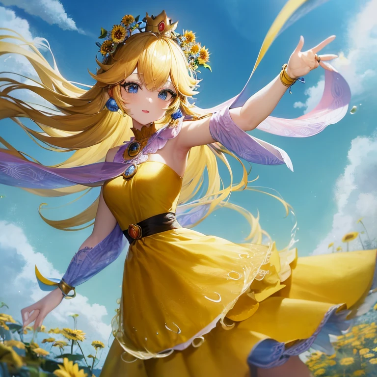 Anime girl in a yellow dress with flowers in her hair, Beautiful sunflower anime girl, Cute anime waifu in a nice dress, blonde anime girl with long hair, High quality anime art style, anime style 4 k, Yellow glowing magic, loli in dress, girl dancing in a flower field, anime goddess, Trending on ArtStation pixiv, splash art anime loli