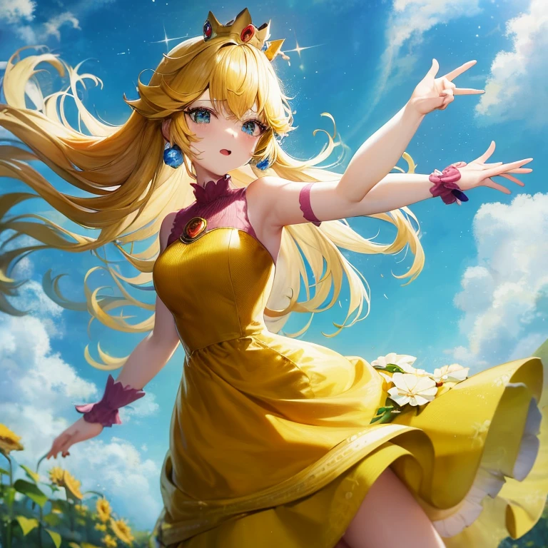 Anime girl in a yellow dress with flowers in her hair, Beautiful sunflower anime girl, Cute anime waifu in a nice dress, blonde anime girl with long hair, High quality anime art style, anime style 4 k, Yellow glowing magic, loli in dress, girl dancing in a flower field, anime goddess, Trending on ArtStation pixiv, splash art anime loli