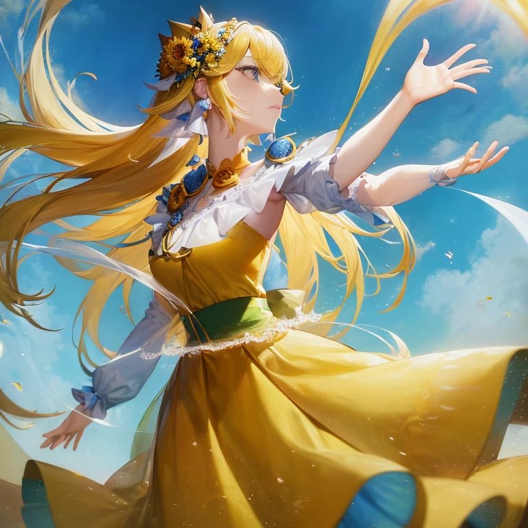 Anime girl in a yellow dress with flowers in her hair, Beautiful sunflower anime girl, Cute anime waifu in a nice dress, blonde anime girl with long hair, High quality anime art style, anime style 4 k, Yellow glowing magic, loli in dress, girl dancing in a flower field, anime goddess, Trending on ArtStation pixiv, splash art anime loli