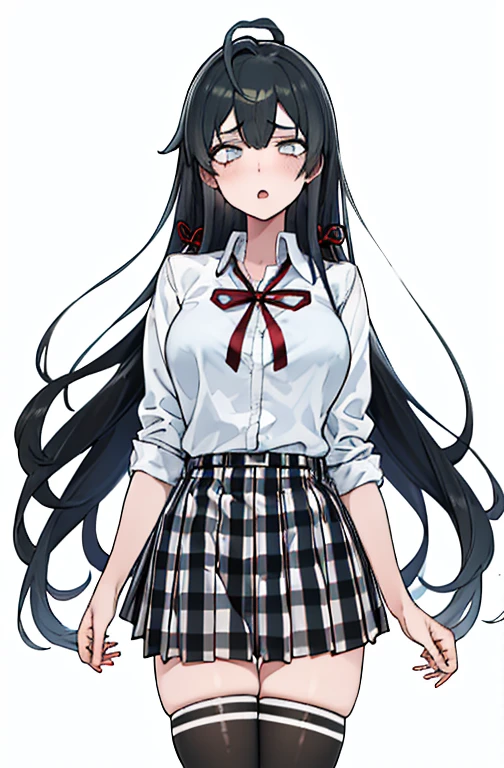 1 girl as yukino yukinoshita, absurdres, highres, solo, school uniform, big breasts, waist long black hair, (twintails:0.5), miniskirt, black thighhigh socks, loose red ribbon, unbuttoned white shirt, ahegao, (rolling eyes:1.5)