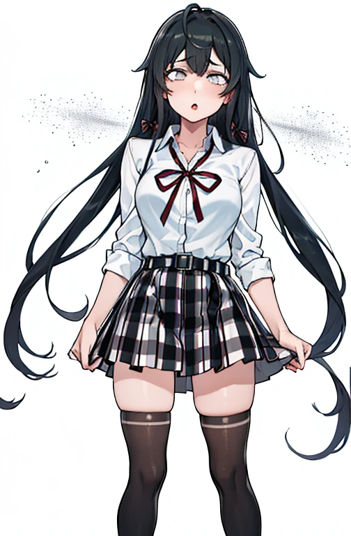 1 girl as yukino yukinoshita, absurdres, highres, solo, school uniform, big breasts, waist long black hair, (twintails:0.5), miniskirt, black thighhigh socks, loose red ribbon, unbuttoned white shirt, ahegao, (rolling eyes:1.5)