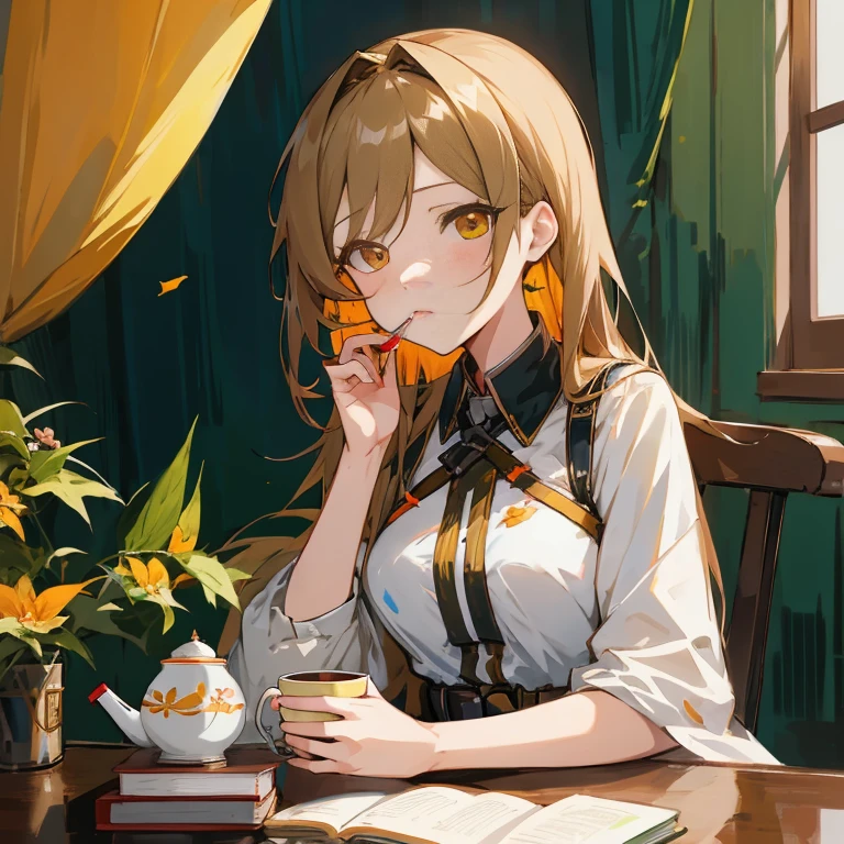 Anime girl sitting at the table with a book and tea, ((drinking a cup of tea)), Drinking tea, Anime visuals of cute girls, from girls frontline, Beautiful Anime Portrait, Fine details. girls' frontline, girls frontline style, high quality portrait, Beautiful anime girl, marin kitagawa fanart, Rin, lovely languid princess