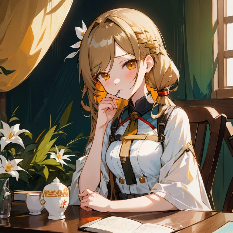 Anime girl sitting at the table with a book and tea,  ((drinking a cup of tea)), Drinking tea, Anime visuals of cute girls, from girls frontline, Beautiful Anime Portrait, Fine details. girls' frontline, girls frontline style, high quality portrait, Beautiful anime girl, marin kitagawa fanart, Rin, lovely languid princess