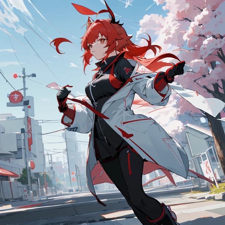 Anime girl with red hair and white coat running down the street, Ayaka Genshin Impact, from arknights, ayaka game genshin impact, Trending on ArtStation pixiv, best anime 4k konachan wallpaper, keqing from genshin impact, cushart krenz key art feminine, Female protagonist 👀 :8, Anime art wallpaper 8k, Rin