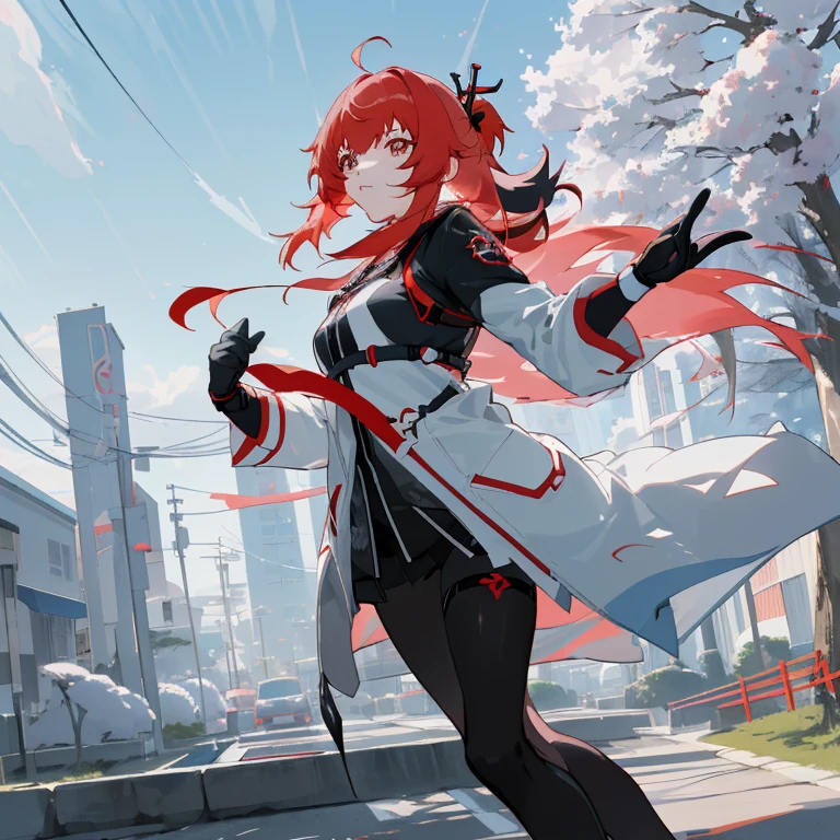 Anime girl with red hair and white coat running down the street, Ayaka Genshin Impact, from arknights, ayaka game genshin impact, Trending on ArtStation pixiv, best anime 4k konachan wallpaper, keqing from genshin impact, cushart krenz key art feminine, Female protagonist ๐ :8, Anime art wallpaper 8k, Rin