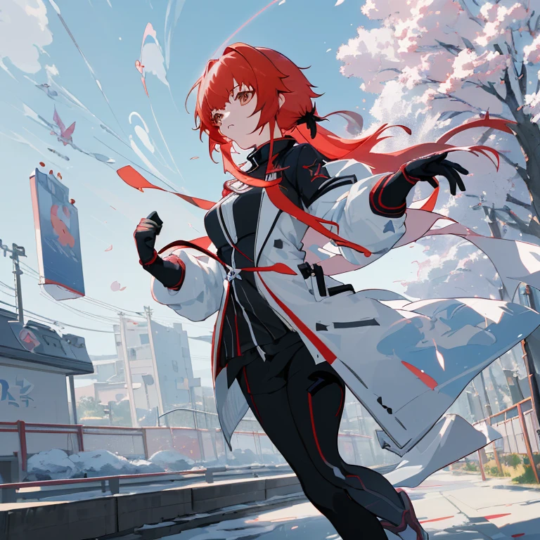 Anime girl with red hair and white coat running down the street, Ayaka Genshin Impact, from arknights, ayaka game genshin impact, Trending on ArtStation pixiv, best anime 4k konachan wallpaper, keqing from genshin impact, cushart krenz key art feminine, Female protagonist 👀 :8, Anime art wallpaper 8k, Rin