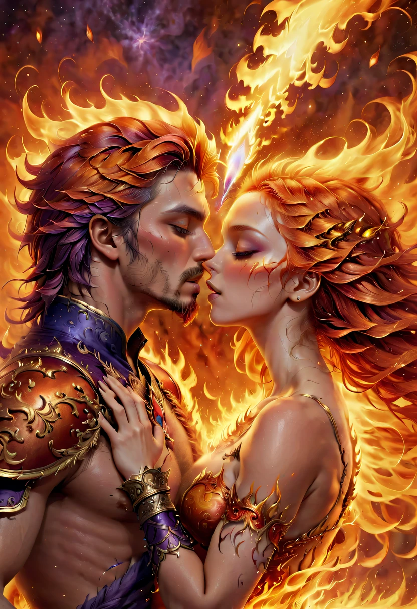 tmasterpiece, Best quality, Detailed pubic hair, A high resolution, (火焰/火焰/Loim,dynamic scene:1.3),Romantic couple kissing in fire,firestorm, catching fire, strange fantasy images, great skin texture,Magic Array, Cast spells, Fantastical, Purple power, strength, Fiery, meteors,