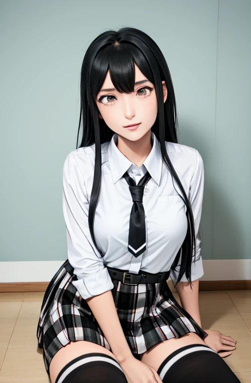 1 girl as yukino yukinoshita, absurdres, highres, solo, school uniform, big breasts, waist long black hair, (twintails:0.5), miniskirt, black thighhigh socks, loose red ribbon, unbuttoned white shirt, ahegao, (rolling eyes:1.5)