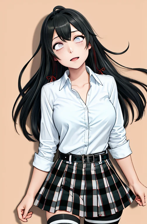 1 girl as yukino yukinoshita, absurdres,  highres, solo, school uniform, big breasts, waist long black hair, (twintails:0.5), miniskirt, black thighhigh socks, loose red ribbon, unbuttoned white shirt, ahegao, (rolling eyes:1.5)