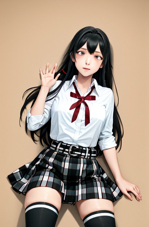 1 girl as yukino yukinoshita, absurdres,  highres, solo, school uniform, big breasts, waist long black hair, (twintails:0.5), miniskirt, black thighhigh socks, loose red ribbon, unbuttoned white shirt, ahegao, (rolling eyes:1.5)