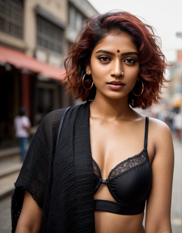 indian girl,indian skin, indian culture,beautiful girl, short bright red disheveled hair, black eyeshadow, (street style wear:1.2), (city background:1.2), dark makeup, digital art, trending on artstation, highly detailed, fine detail, intricate, beautiful detailed glow, detailed, Cinematic light, highres, detailed facial features, sharp focus, smooth, aesthetic, perky breasts, bum, legs, lingerie,highly realistic face features,