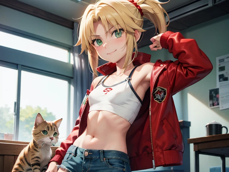 modred, (green eyes:1.5), blonde hair, ponytail, short hair, scrunchie, red scrunchie, hair scrunchie, denim, denim shorts, jacket, midriff, navel, red jacket, short shorts, shorts, tube top, red line white top, strap gap, looking at viewer, happy, playing with cat