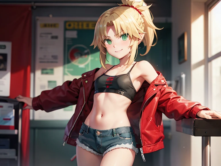 modred, (green eyes:1.5), blonde hair, ponytail, short hair, scrunchie, red scrunchie, hair scrunchie, denim, denim shorts, jacket, midriff, navel, red jacket, short shorts, shorts, tube top, red line white top, strap gap, looking at viewer, happy, playing with cat