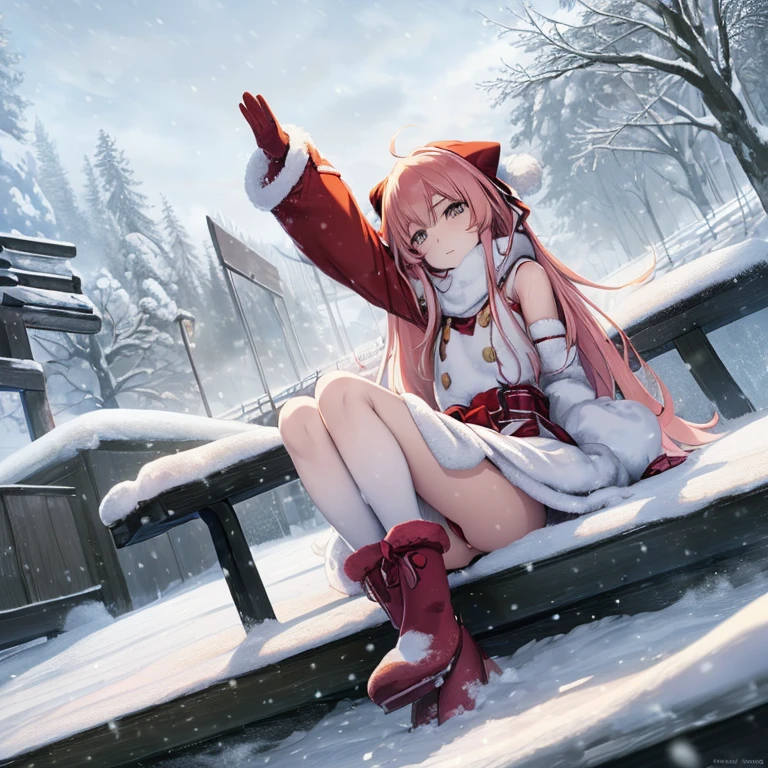 Anime girl sitting with arms outstretched on a bench in the snow, In the snow, in snow, gentle snow, at winter, at winter, Trending on ArtStation pixiv, snowfall, Rin, (Snow), Asuka Langley Soryu, Heavy winter aesthetics, snowy winter, Winter in the snow, snowfall, light snowing