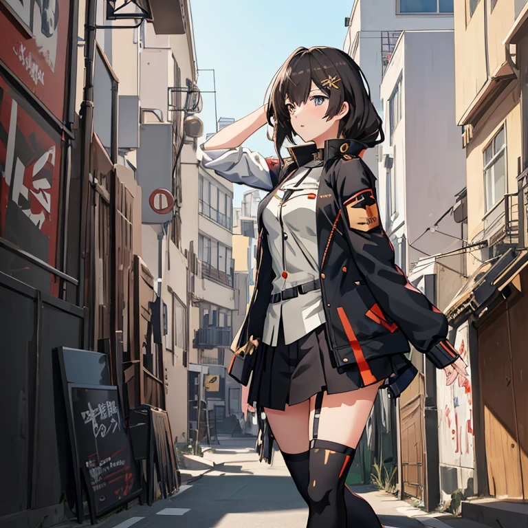 Anime girl in short skirt and jacket walks down the street, girls frontline style, best anime 4k konachan wallpaper, artwork in the style of guweiz, anime style 4 k, guweiz, girls frontline cg, Fine details. girls' frontline, from girls frontline, girls frontline universe, guweiz on pixiv artstation, 4k anime wallpaper