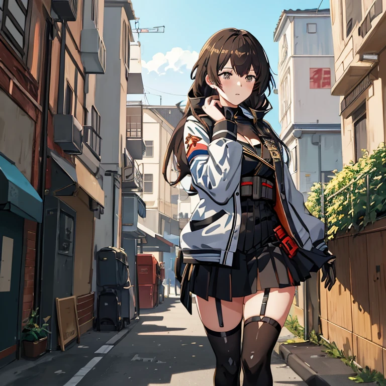 Anime girl in short skirt and jacket walks down the street, girls frontline style, best anime 4k konachan wallpaper, artwork in the style of guweiz, anime style 4 k, guweiz, girls frontline cg, Fine details. girls' frontline, from girls frontline, girls frontline universe, guweiz on pixiv artstation, 4k anime wallpaper