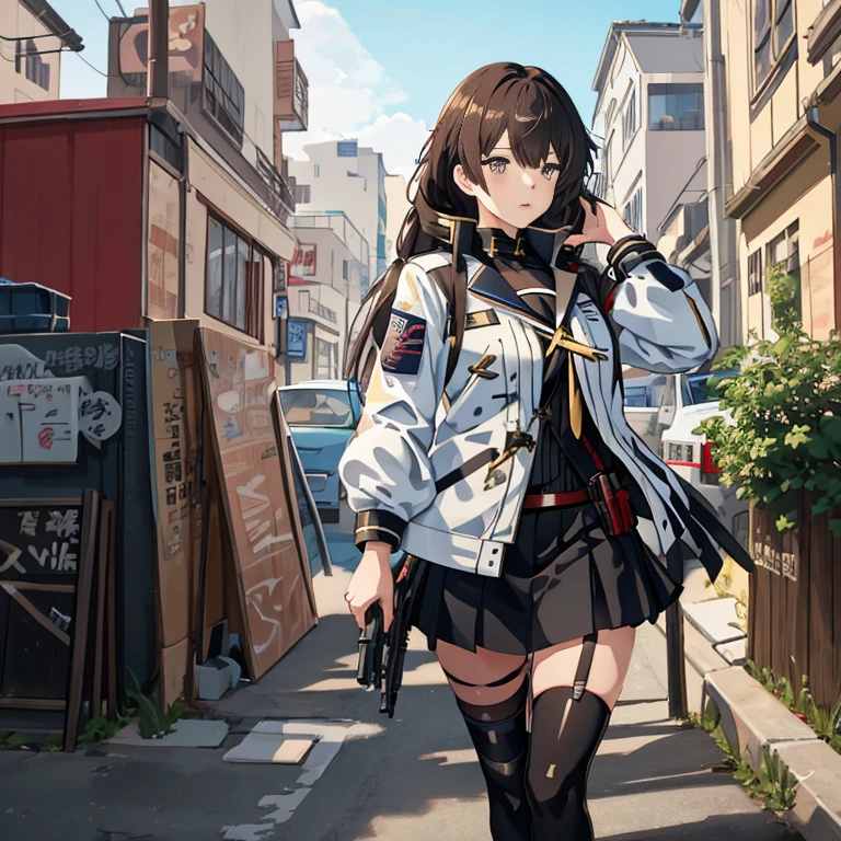 Anime girl in short skirt and jacket walks down the street, girls frontline style, best anime 4k konachan wallpaper, artwork in the style of guweiz, anime style 4 k, guweiz, girls frontline cg, Fine details. girls' frontline, from girls frontline, girls frontline universe, guweiz on pixiv artstation, 4k anime wallpaper