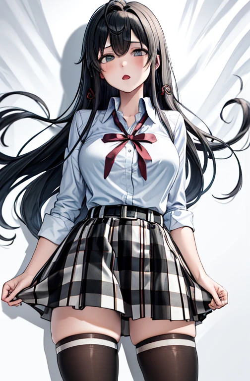 1 girl as yukino yukinoshita, absurdres, highres, solo, school uniform, big breasts, waist long black hair, (twintails:0.5), miniskirt, black thighhigh socks, loose red ribbon, unbuttoned white shirt, ahegao, (rolling eyes:1.5)