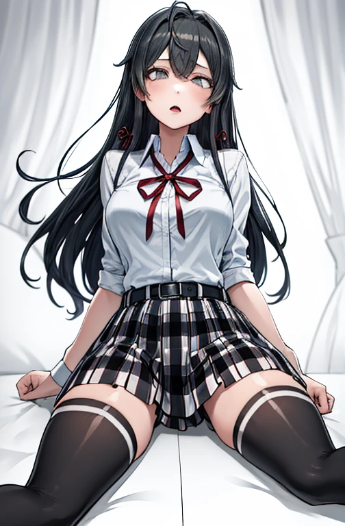 1 girl as yukino yukinoshita, absurdres, highres, solo, school uniform, big breasts, waist long black hair, (twintails:0.5), miniskirt, black thighhigh socks, loose red ribbon, unbuttoned white shirt, ahegao, (rolling eyes:1.5)