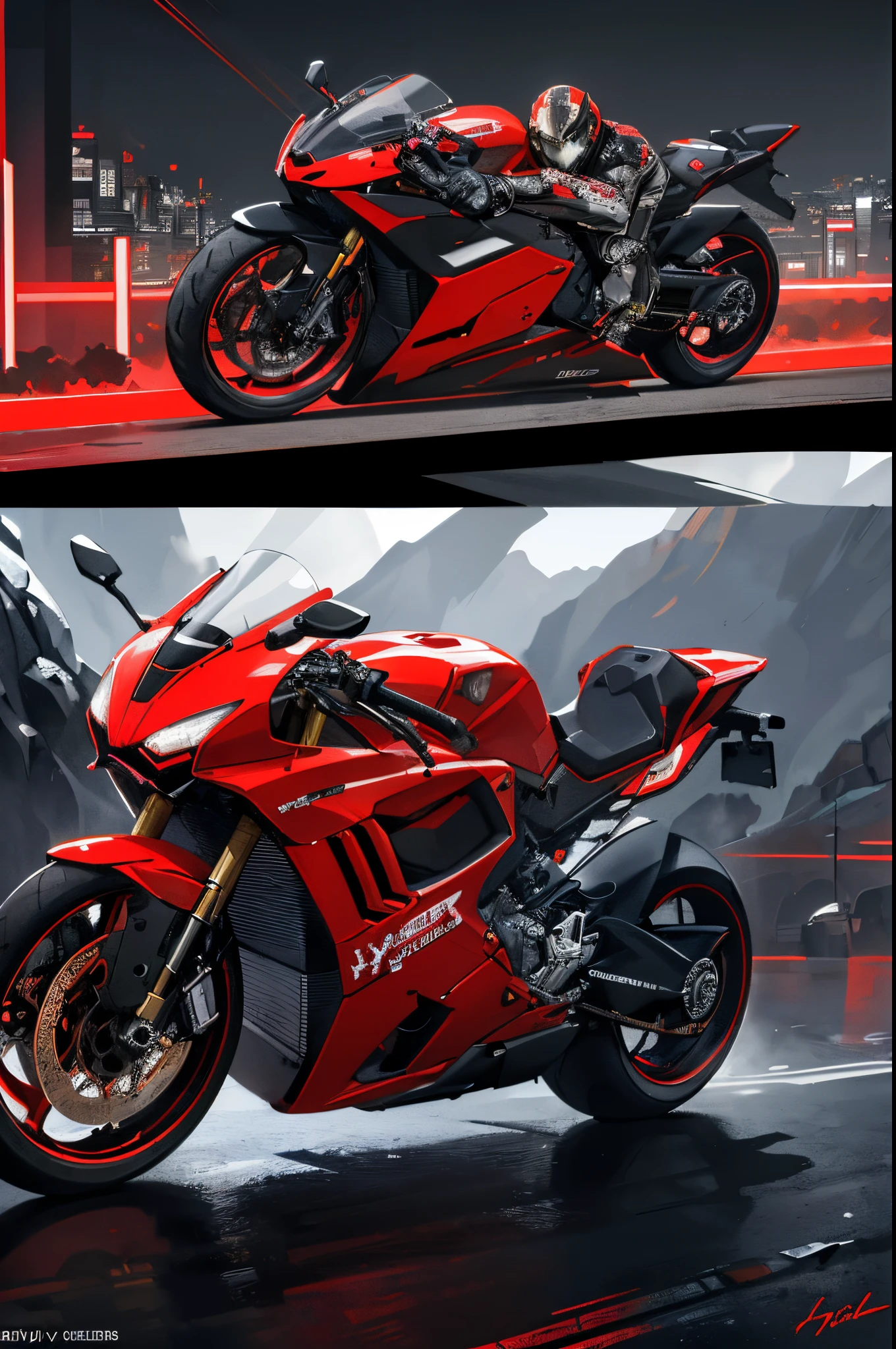 Masterpiece, best quality, high detailed, Dark_Fantasy, Cyberpunk, (sword weapon,Red:1.1),1man,Mechanical,Robotic presence,Cybernetic guardian, darkness, night city background, nighttime, Cyberpunk mecha humanoid black and red   riding  a futuristic Ducati Panigale V4 race motorcycle on a mountain road at night, realistic style, inspired by Blade Runner, dark and dramatic lighting, red and black theme, center curved composition, view point from the front side. (hyper-detailed masterpiece:1.5), (beautifuly intricate:1.5), (best quality:1.5), (aesthetic + beautiful + harmonic:1.5), (hyper-detailed face, hyper-detailed eyes, hyper-detailed mouth, hyper-detailed body, hyper-detailed hands, hyper-detailed clothes, and hyper-detailed scenery:1.5), (sharpen details:1.2