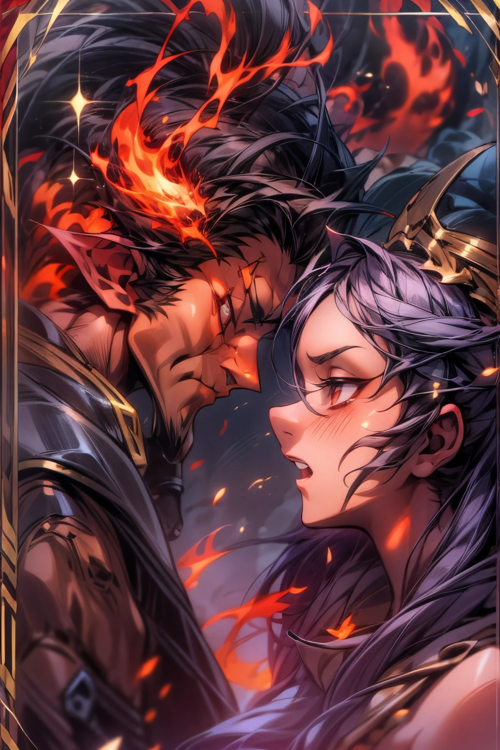 tmasterpiece, Best quality at best, Detailed pubic hair, A high resolution, (Flame/firey焰/loimu，dynamic scene:1.3)，Romantic couple kissing in fire，firestorm, on fire, strange fantasy images, great skin texture，Magic Array, Cast spells, fanciful, Purple power, strength, firey, meteors,