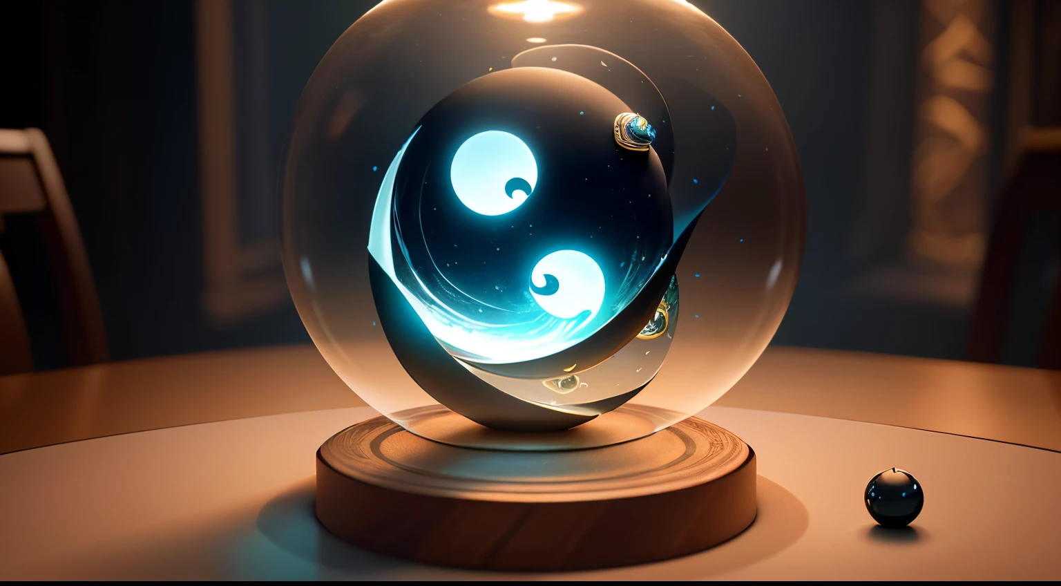 photore,There a glass ball on the table,There a mysterious yin-yang fish inside,high detal, Exquisite details, art-style, render octane, Currently at Artstation, High studio lighting, high detal, Serafinian Codex
