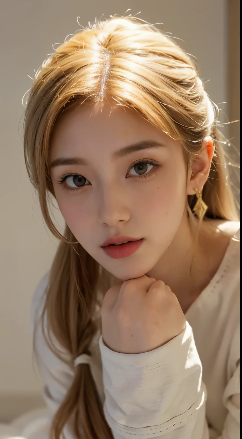 (8K images、Raw photography、top-quality、​masterpiece:1.2)、(realisitic、Photorealsitic:1.37)、1girl in、cute little、Professional Lighting、superior image quality、hight resolution、1080p、(Clear face)、(Detailed face description)、(Detailed hand description)、(Exquisite CG)、extreme light and shadows、 Sexy underwear figure、(a blond:1.3)、full body Esbian、dishevled hair, lush detail, (Exquisite facial features), (Top image quality),  (Eye of Detail),Happy smiling face、Look at your audience、Dark eyeliner、Small earrings、bangss、poneyTail、natta、indirect lighting、Bedrooms、