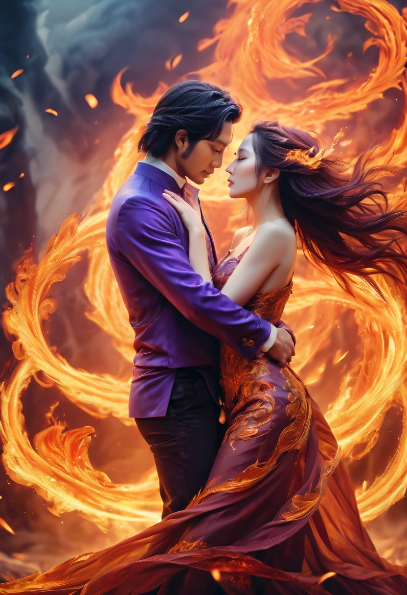 tmasterpiece, Best quality, Detailed pubic hair, A high resolution, (火焰/火焰/Loim，dynamic scene:1.3)，Romantic couple kissing in fire，firestorm, catching fire, strange fantasy images, great skin texture，Magic Array, Cast spells, Fantastical, Purple power, strength, Fiery, meteors,