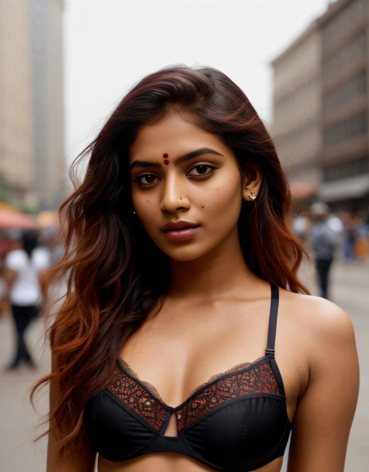indian girl,indian skin, indian culture,beautiful girl, short bright red disheveled hair, black eyeshadow, (street style wear:1.2), (city background:1.2), dark makeup, digital art, trending on artstation, highly detailed, fine detail, intricate, beautiful detailed glow, detailed, Cinematic light, highres, detailed facial features, sharp focus, smooth, aesthetic, perky breasts, bum, legs, lingerie,highly realistic face features,