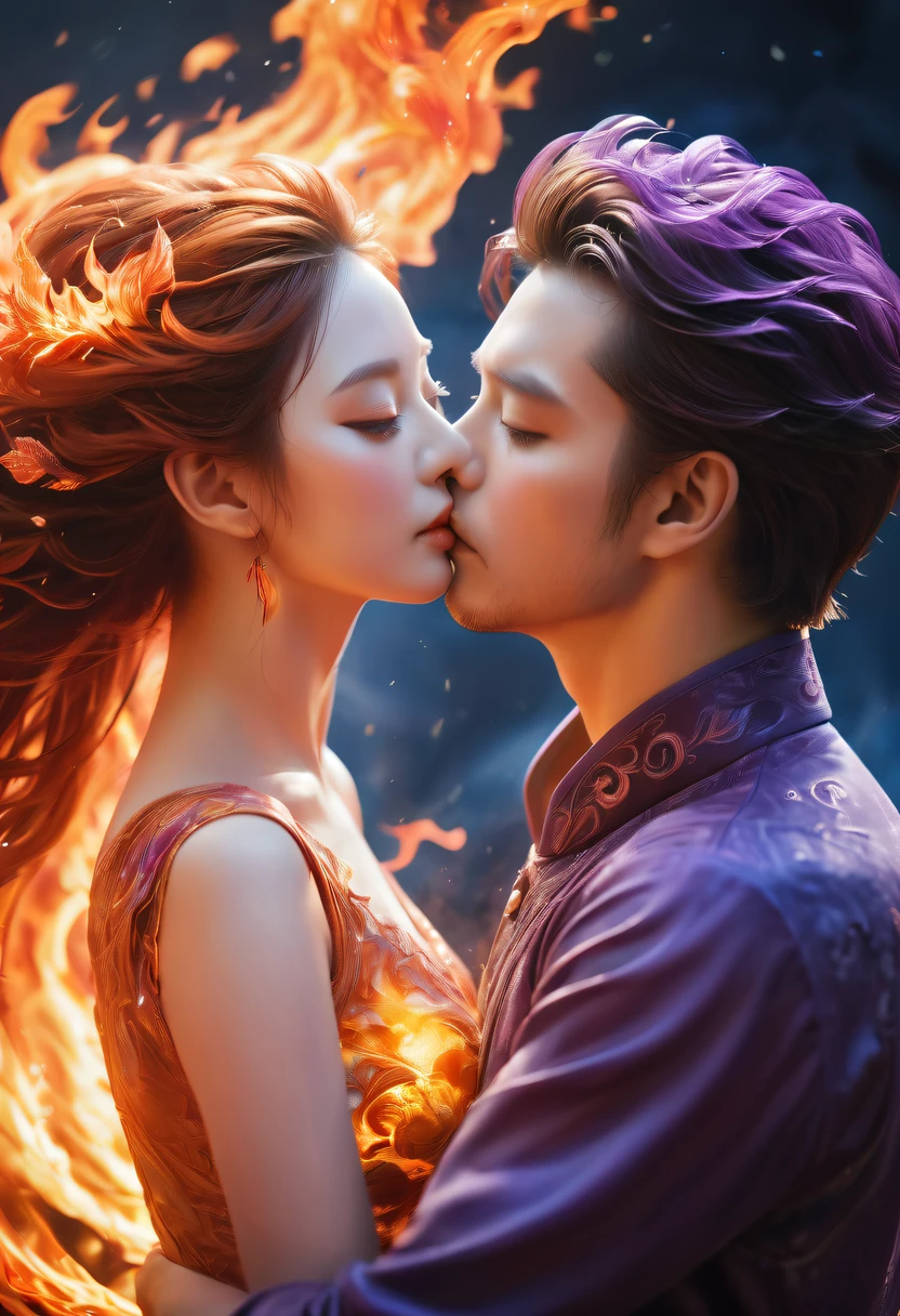 tmasterpiece, Best quality, Detailed pubic hair, A high resolution, (火焰/火焰/Loim,dynamic scene:1.3),Romantic couple kissing in fire,firestorm, catching fire, strange fantasy images, great skin texture,Magic Array, Cast spells, Fantastical, Purple power, strength, Fiery, meteors,