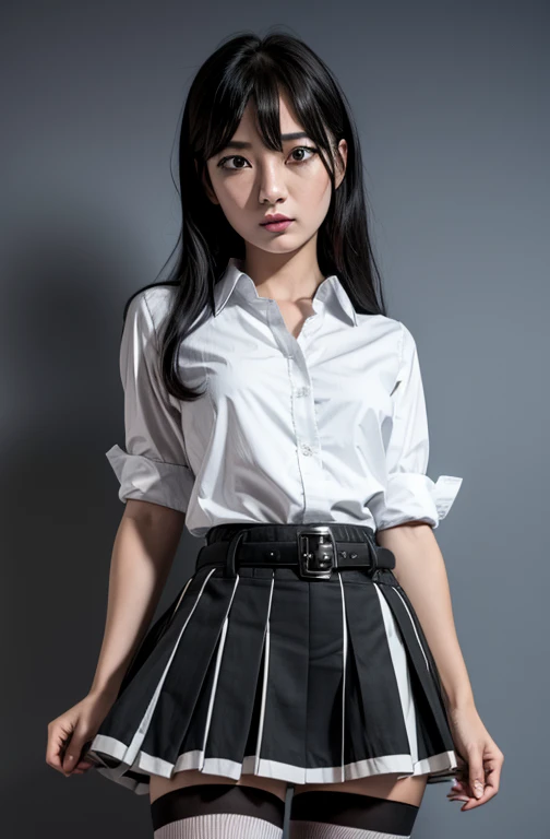 1 girl as yukino yukinoshita, absurdres, highres, solo, school uniform, big breasts, waist long black hair, (twintails:0.5), miniskirt, black thighhigh socks, loose red ribbon, unbuttoned white shirt, ahegao, (rolling eyes:1.5)
