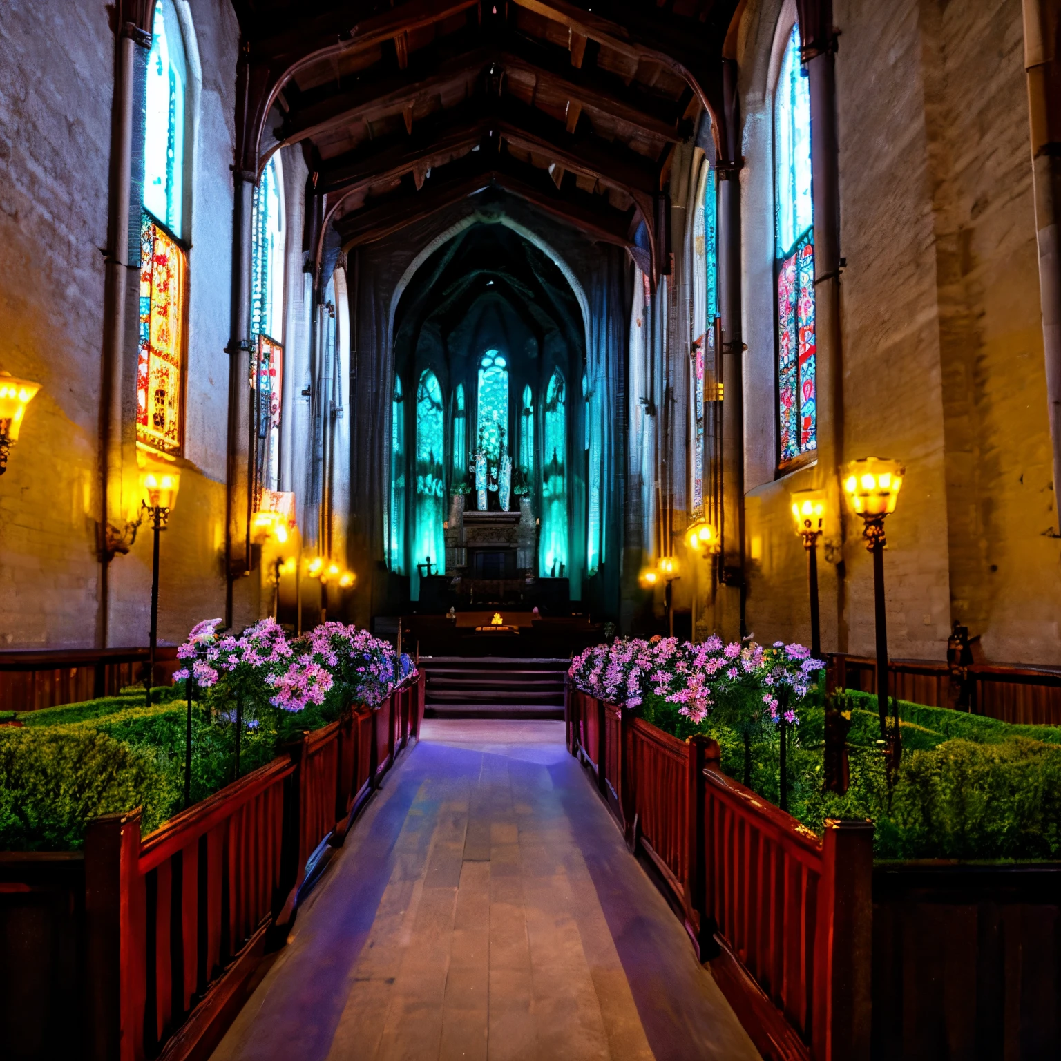 Morena casando, igreja medieval,several guests scenery full of colorful flowers, ambiente ilumidado, luz da lua batendo em cima da igreja