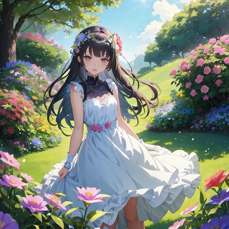 Anime girl in a dress in a garden with flowers, high detailed official artwork, guweiz on pixiv artstation, loli in dress, official artwork, Official art, she is the center of the garden, official anime artwork, Anime visuals of cute girls, anime moe art style, guweiz on artstation pixiv, guweiz